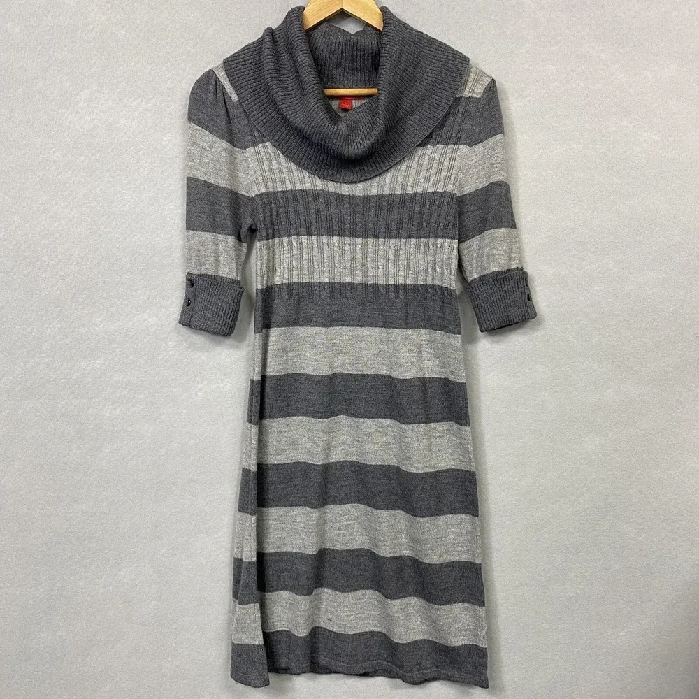 Liv Womens Gray Striped Cowl Neck Sweater Dress 3/4 Sleeve Size‎ L SL1690